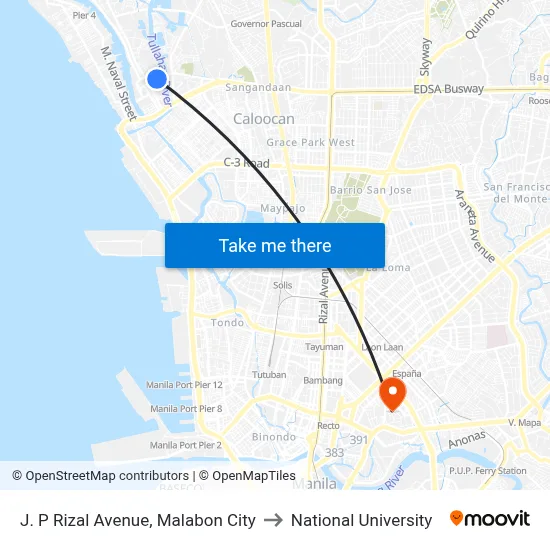 J. P Rizal Avenue, Malabon City to National University map