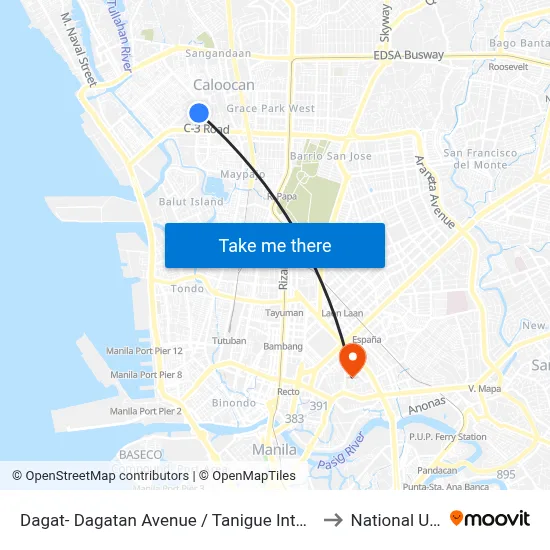 Dagat- Dagatan Avenue /  Tanigue Intersection, Caloocan City to National University map