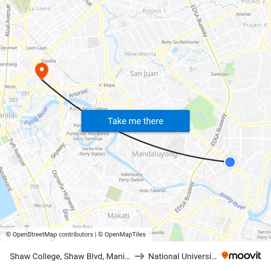 Shaw College, Shaw Blvd, Manila to National University map