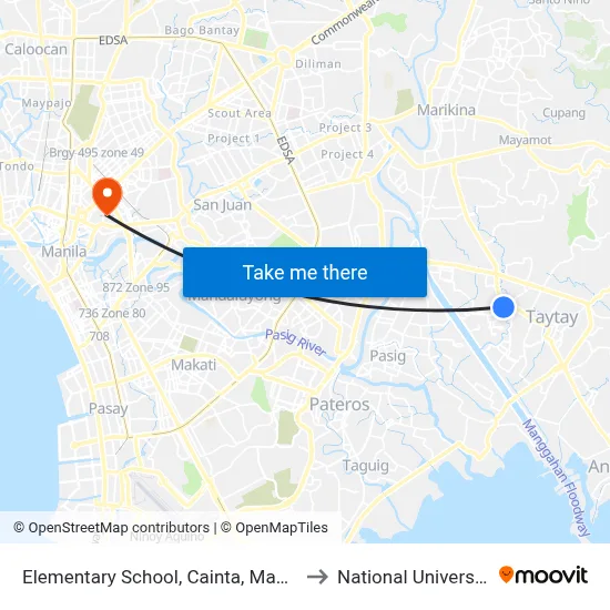 Elementary School, Cainta, Manila to National University map