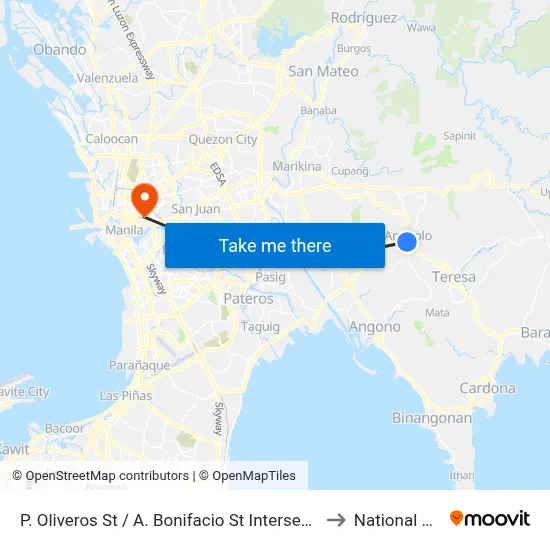 P. Oliveros St / A. Bonifacio St Intersection, Antipolo City, Manila to National University map