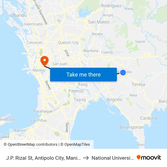 J.P. Rizal St, Antipolo City, Manila to National University map