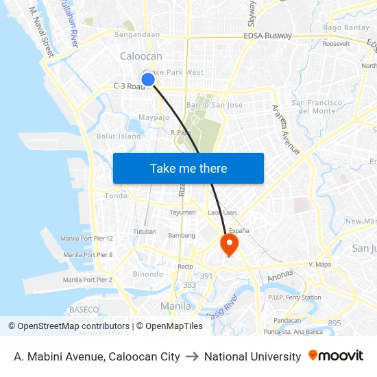 A. Mabini Avenue, Caloocan City to National University map
