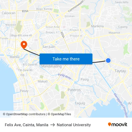 Felix Ave, Cainta, Manila to National University map