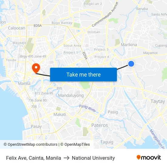 Felix Ave, Cainta, Manila to National University map