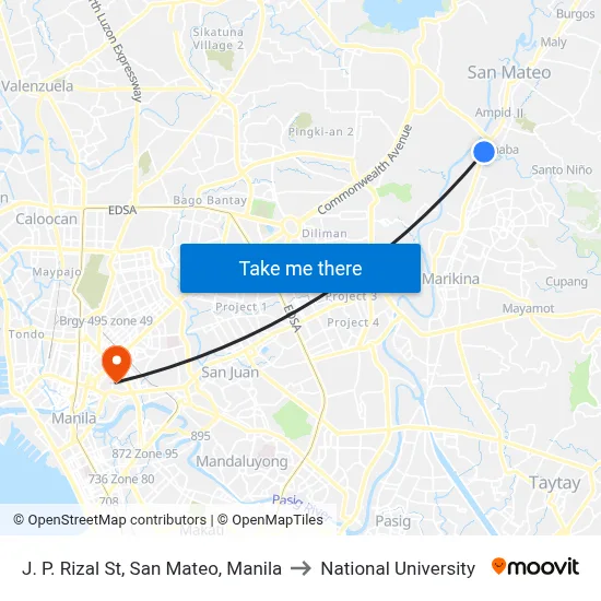 J. P. Rizal St, San Mateo, Manila to National University map