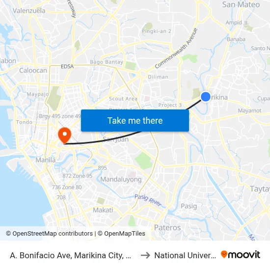 A. Bonifacio Ave, Marikina City, Manila to National University map