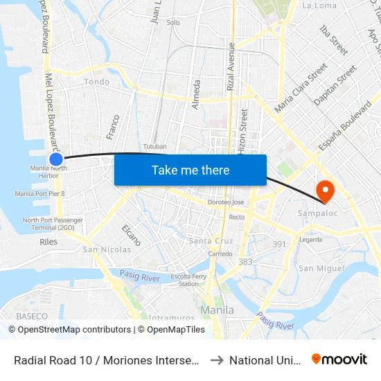 Radial Road 10 / Moriones Intersection, Manila to National University map