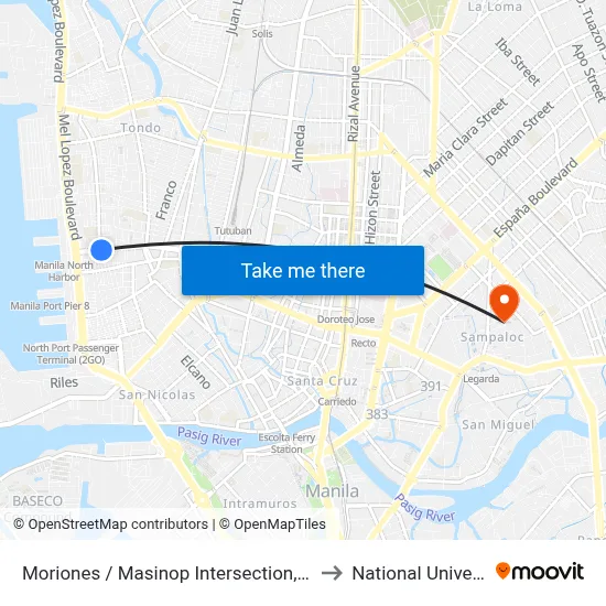 Moriones / Masinop Intersection, Manila to National University map