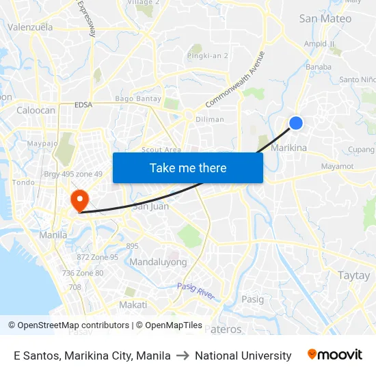E Santos, Marikina City, Manila to National University map