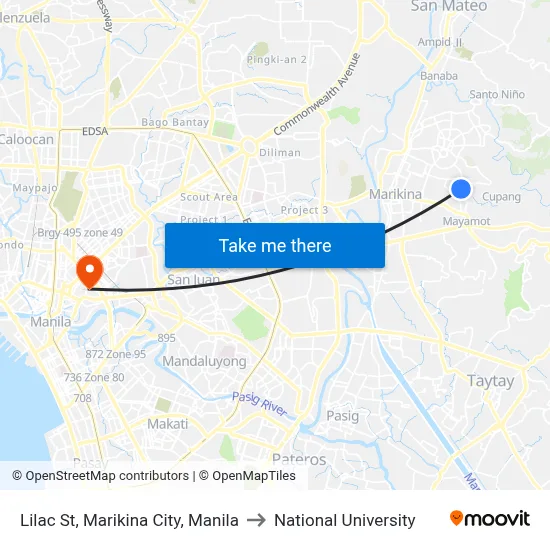 Lilac St, Marikina City, Manila to National University map