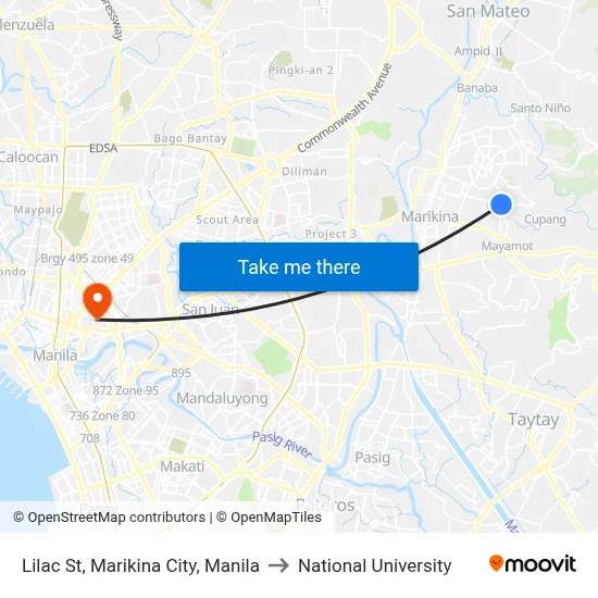 Lilac St, Marikina City, Manila to National University map