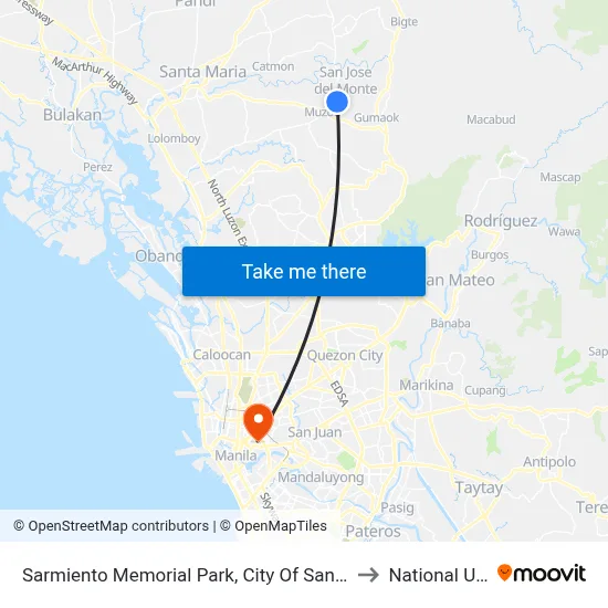 Sarmiento Memorial Park, City Of San Jose Del Monte, Manila to National University map
