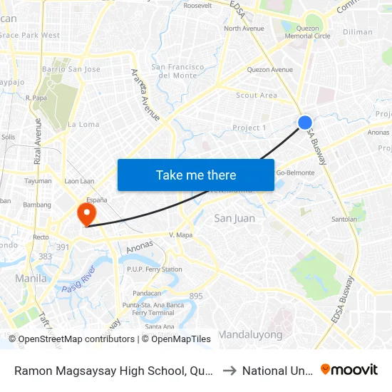 Ramon Magsaysay High School, Quezon City, Manila to National University map