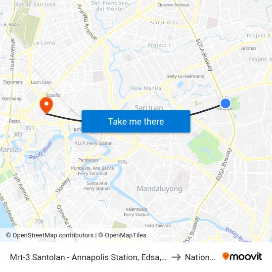 Mrt-3 Santolan - Annapolis Station, Edsa, Epifanio De Los Santos Av, Quezon City, Manila to National University map