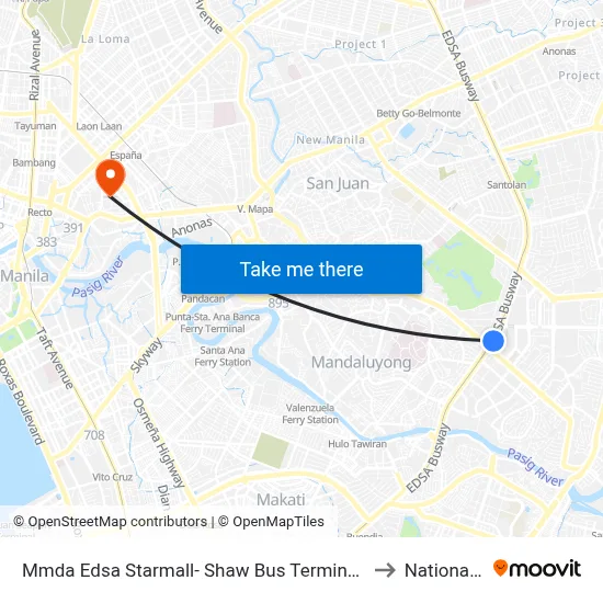 Mmda Edsa Starmall- Shaw Bus Terminal Southbound, Mandaluyong City, Manila to National University map