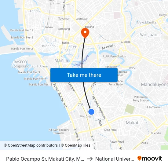 Pablo Ocampo Sr, Makati City, Manila to National University map