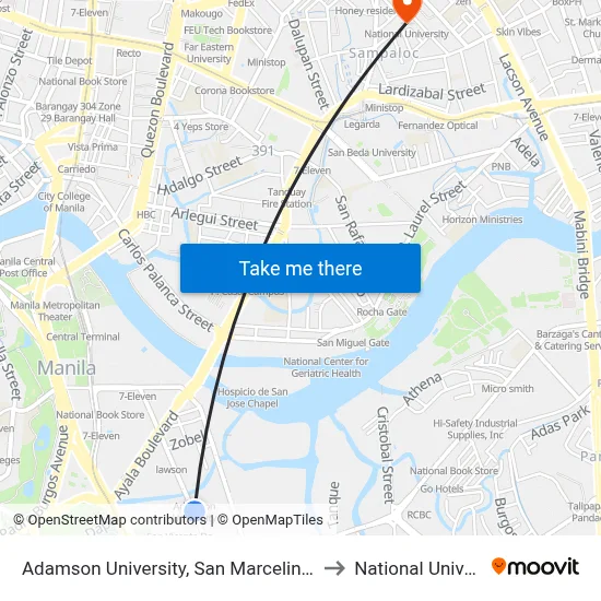 Adamson University, San Marcelino, Manila to National University map