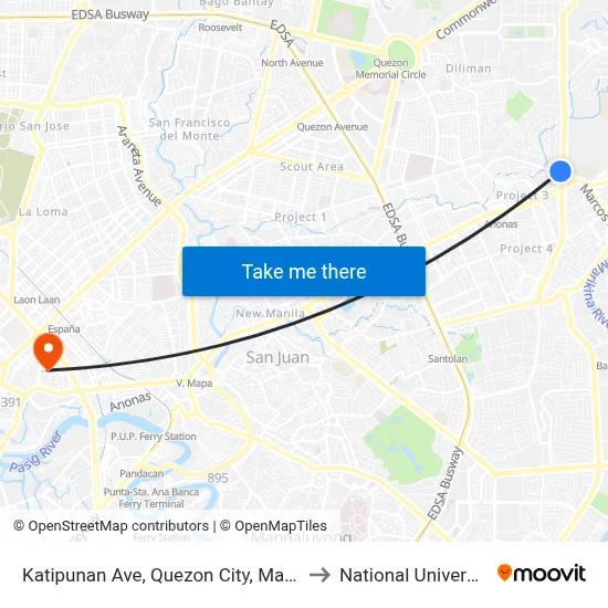 Katipunan Ave, Quezon City, Manila to National University map
