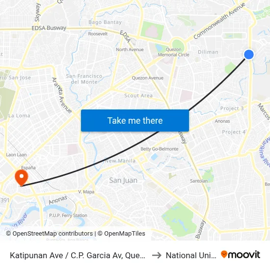 Katipunan Ave / C.P. Garcia Av, Quezon City, Manila to National University map