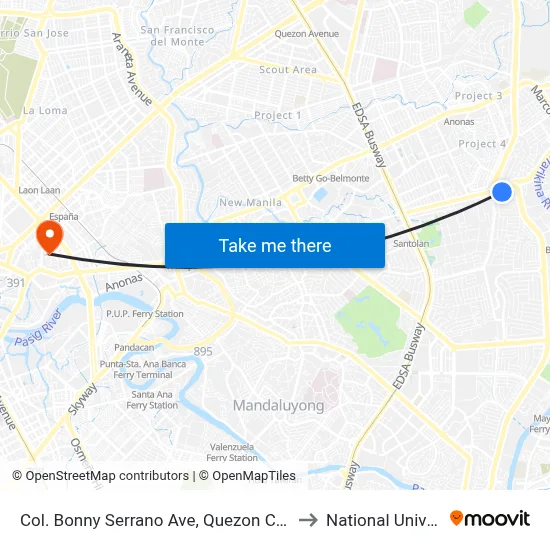 Col. Bonny Serrano Ave, Quezon City, Manila to National University map