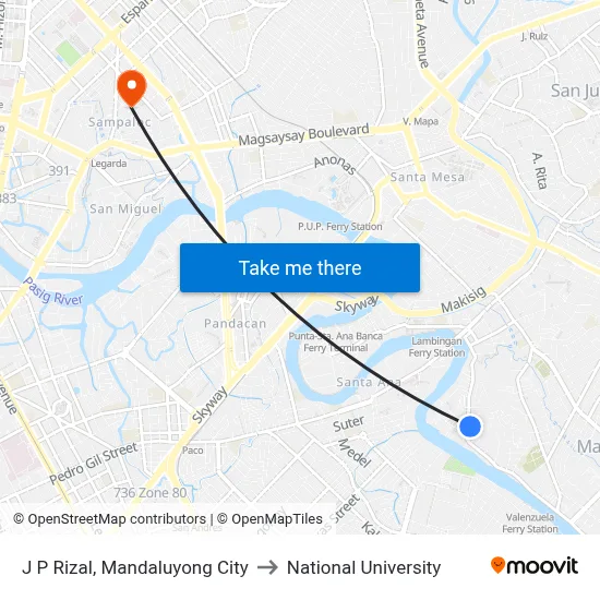 J P Rizal, Mandaluyong City to National University map