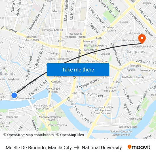 Muelle De Binondo, Manila City to National University map