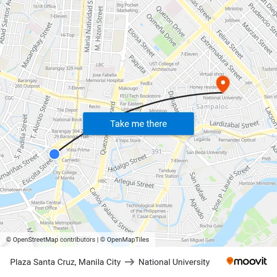 Plaza Santa Cruz, Manila City to National University map