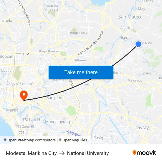 Modesta, Marikina City to National University map