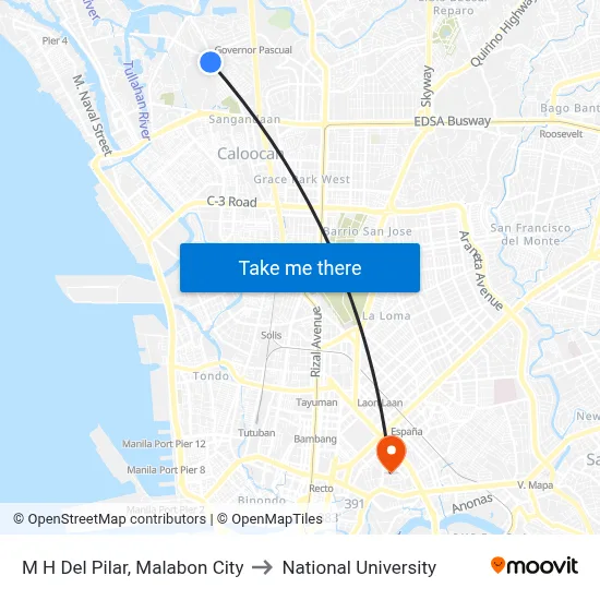 M H Del Pilar, Malabon City to National University map
