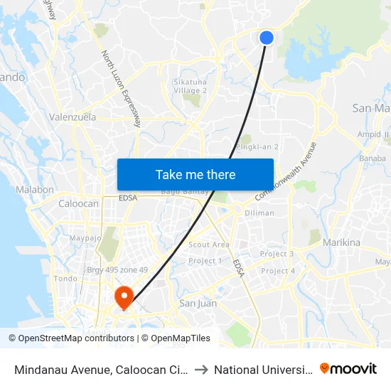 Mindanau Avenue, Caloocan City to National University map