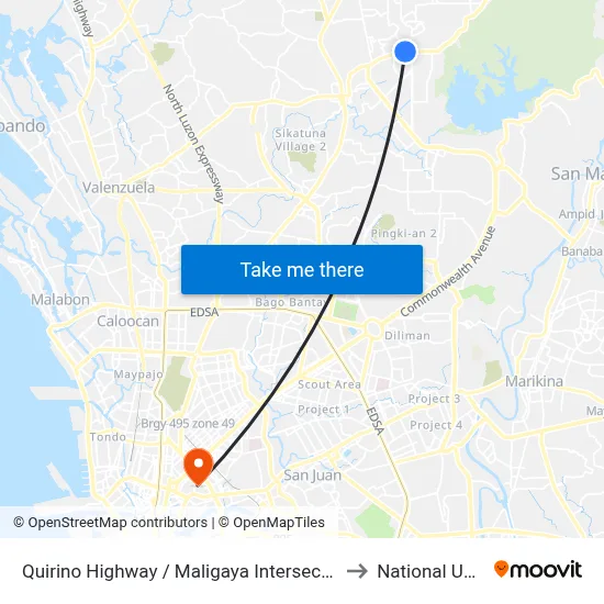 Quirino Highway / Maligaya Intersection, Caloocan City to National University map