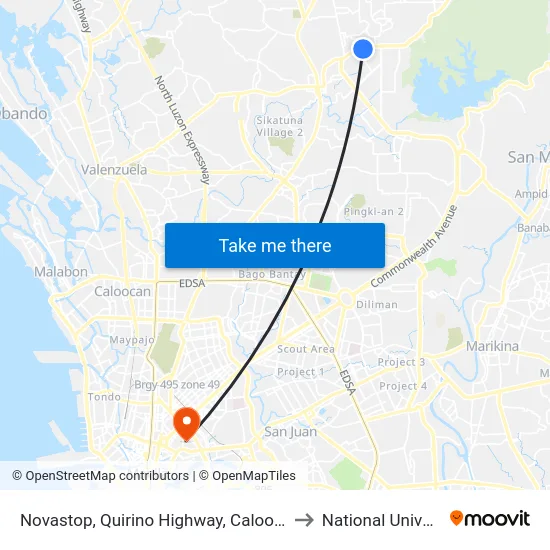 Novastop, Quirino Highway, Caloocan City to National University map