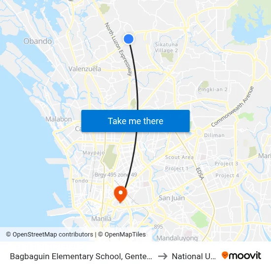 Bagbaguin Elementary School, Genteral Luis, Caloocan City to National University map