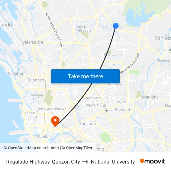 Regalado Highway, Quezon City to National University map