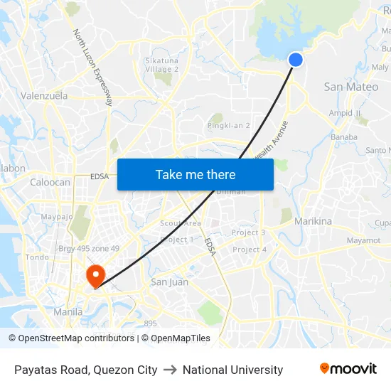 Payatas Road, Quezon City to National University map
