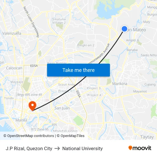 J.P Rizal, Quezon City to National University map