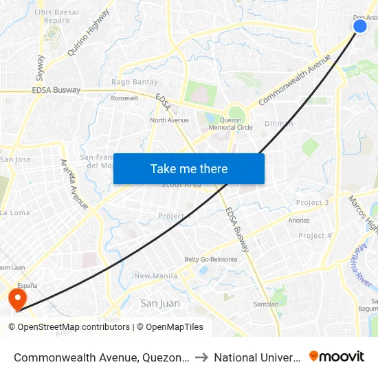 Commonwealth Avenue, Quezon City to National University map