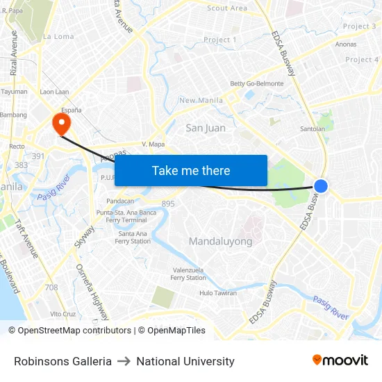 Robinsons Galleria to National University map