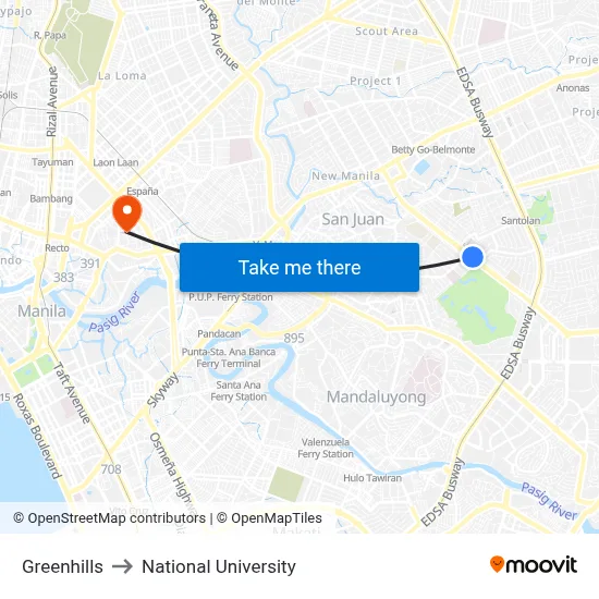 Greenhills to National University map