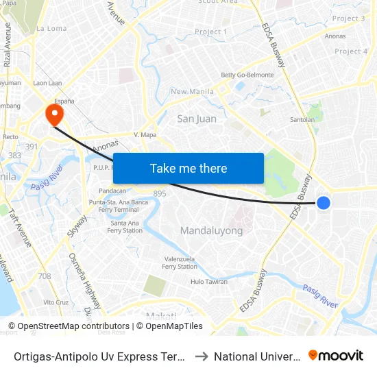 Ortigas-Antipolo Uv Express Terminal to National University map