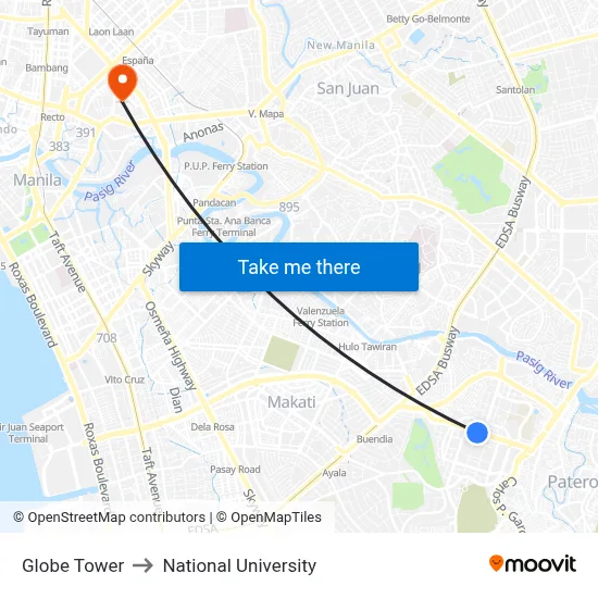 Globe Tower to National University map