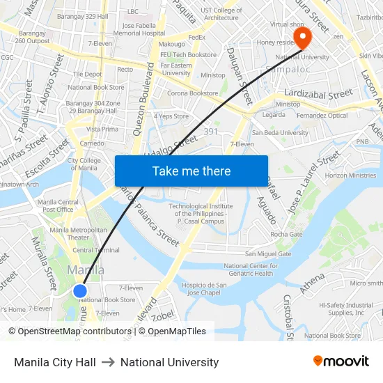 Manila City Hall to National University map