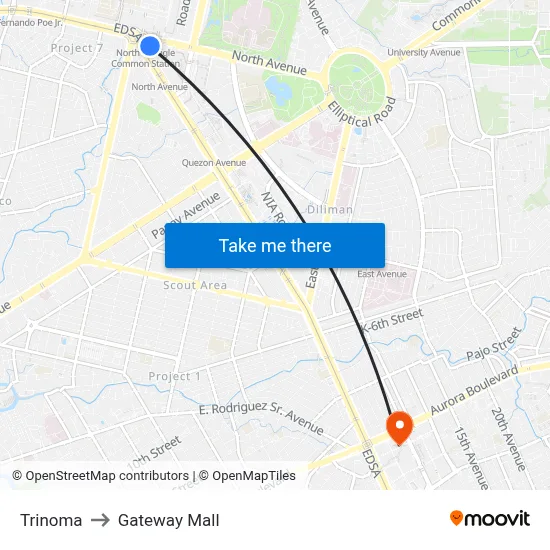 Trinoma to Gateway Mall map