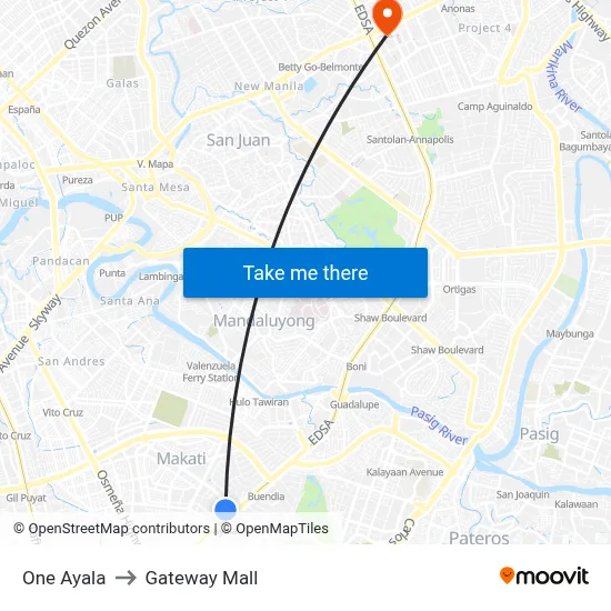 Intercontinental Manila to Gateway Mall map