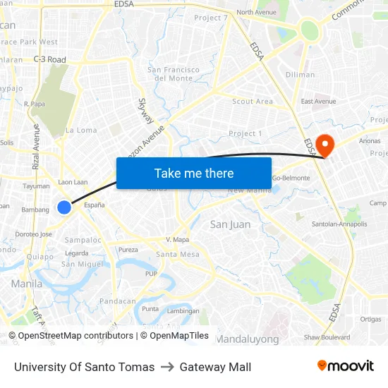 University Of Santo Tomas to Gateway Mall map