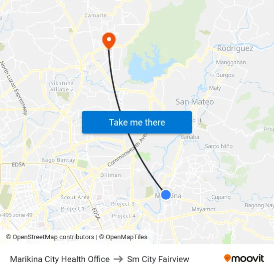 Marikina Healthy City Center to Sm City Fairview map