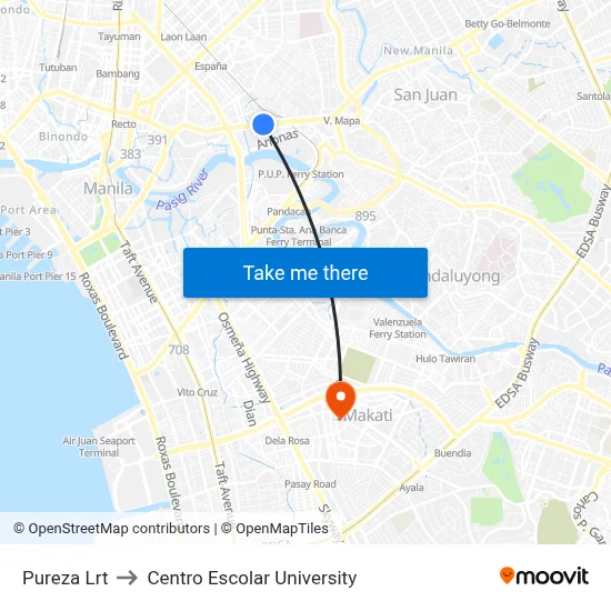Pureza Lrt to Centro Escolar University map