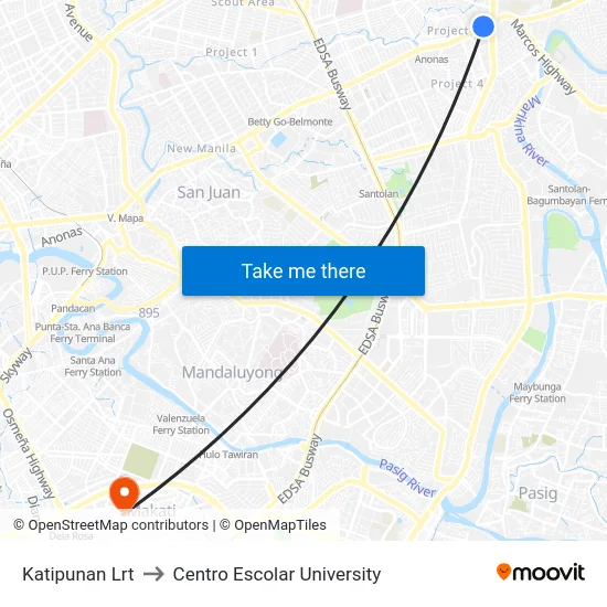 Katipunan Lrt to Centro Escolar University map