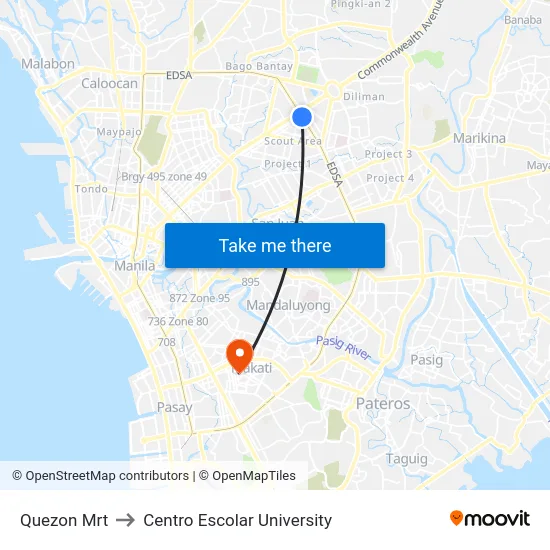 Quezon Mrt to Centro Escolar University map